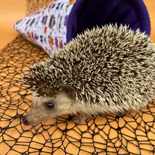 Load image into Gallery viewer, Halloween animals cosy snuggle cave. Padded stay open snuggle sack. Hedgehog bed.