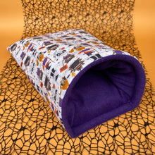 Load image into Gallery viewer, Halloween animals cosy snuggle cave. Padded stay open snuggle sack. Hedgehog bed.