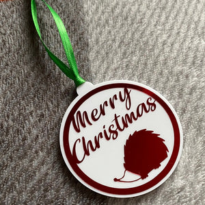 Merry Christmas tree decoration. Hedgehog Christmas tree decoration.