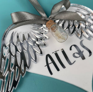 Personalised hedgehog memorial angel wings. Memory keepsake with mini quill jar.