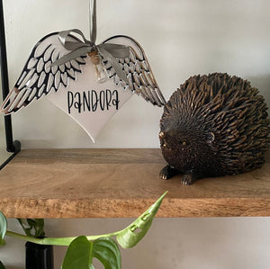 Personalised hedgehog memorial angel wings. Memory keepsake with mini quill jar.