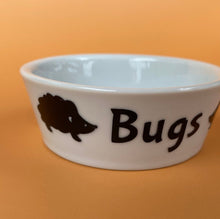 Load image into Gallery viewer, Ceramic hedgehog treat bowl. Bugs bowl for small pets. White hedgehog bugs bowl.