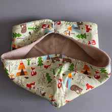 Load image into Gallery viewer, Camping Animals bonding scarf for hedgehogs and small pets. Bonding pouch. Fleece lined.