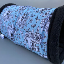 Load image into Gallery viewer, Vintage Floral Skulls stay open tunnel. Padded fleece tunnel hedgehogs and small pets.