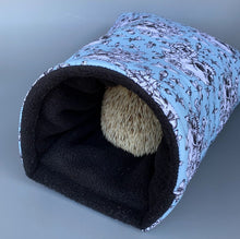 Load image into Gallery viewer, Vintage Floral Skulls cosy snuggle cave. Padded stay open snuggle sack. Hedgehog bed.