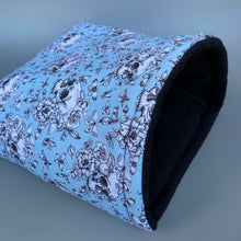 Load image into Gallery viewer, LARGE Vintage Floral Skulls guinea pig cosy snuggle cave. Padded stay open cave.