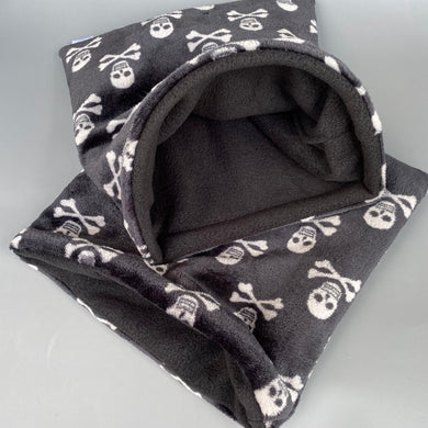 LARGE skull and bones cuddle soft snuggle sack. Sleeping bag for hedgehogs and guiena pigs