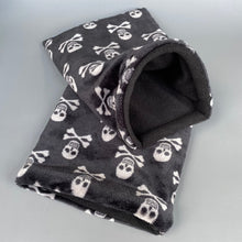 Load image into Gallery viewer, Skull and bones cuddle fleece snuggle sack, snuggle pouch, sleeping bag for hedgehogs and small pets.