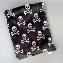 Load image into Gallery viewer, Skull and bones cuddle fleece snuggle sack, snuggle pouch, sleeping bag for hedgehogs and small pets.
