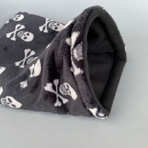 Skull and bones cuddle fleece snuggle sack, snuggle pouch, sleeping bag for hedgehogs and small pets.