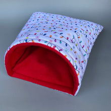 Load image into Gallery viewer, LARGE festive lights guinea pig cosy snuggle cave. Padded stay open snuggle sack.