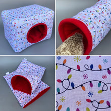 Load image into Gallery viewer, LARGE festive lights full cage set. LARGE house, snuggle sack, tunnel set.