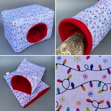 LARGE festive lights full cage set. LARGE house, snuggle sack, tunnel set.