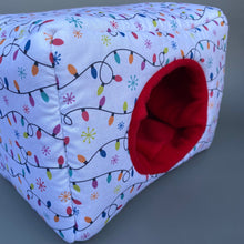Load image into Gallery viewer, LARGE festive lights full cage set. LARGE house, snuggle sack, tunnel set.