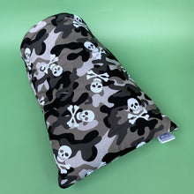 Load image into Gallery viewer, Camo skulls cosy snuggle cave. Padded stay open snuggle sack. Hedgehog bed.