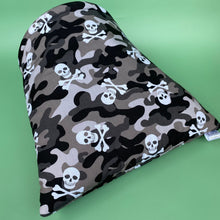 Load image into Gallery viewer, LARGE camo skulls guinea pig cosy snuggle cave. Padded stay open snuggle sack.