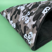 Load image into Gallery viewer, LARGE camo skulls guinea pig cosy snuggle cave. Padded stay open snuggle sack.