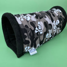 Load image into Gallery viewer, Camo skulls stay open tunnel. Padded fleece tunnel. Tube. Padded small pet tunnel.
