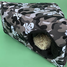 Load image into Gallery viewer, Camo skulls full cage set. Corner house, snuggle sack, tunnel cage set for hedgehogs