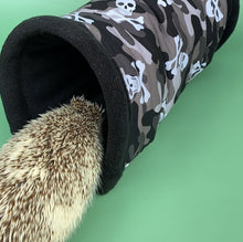 Load image into Gallery viewer, Camo skulls stay open tunnel. Padded fleece tunnel. Tube. Padded small pet tunnel.