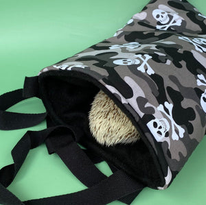 Camo skulls padded bonding bag, carry bag for hedgehog. Fleece lined pet tote.