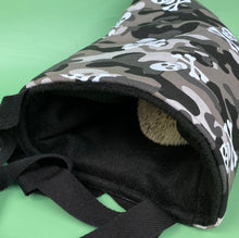 Load image into Gallery viewer, Camo skulls padded bonding bag, carry bag for hedgehog. Fleece lined pet tote.