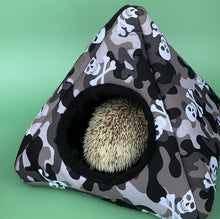 Load image into Gallery viewer, Camo skulls tent house. Hedgehog and small animal house. Padded fleece lined house.