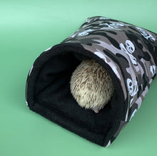 Load image into Gallery viewer, Camo skulls cosy snuggle cave. Padded stay open snuggle sack. Hedgehog bed.