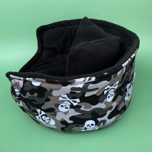 Load image into Gallery viewer, LARGE camo skulls cuddle cup. Pet sofa. Guinea pig bed. Pet beds. Fleece bed.