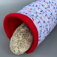 Load image into Gallery viewer, Festive lights stay open tunnel. Padded tunnel for hedgehogs and small pets.