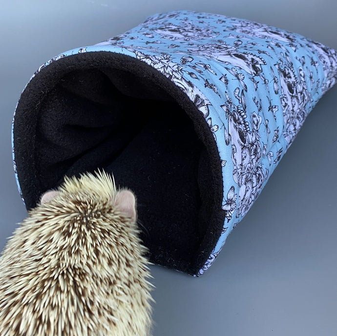 Vintage Floral Skulls cosy snuggle cave. Padded stay open snuggle sack. Hedgehog bed.