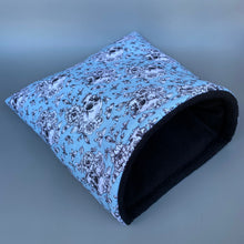 Load image into Gallery viewer, LARGE Vintage Floral Skulls guinea pig cosy snuggle cave. Padded stay open cave.