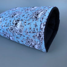 Load image into Gallery viewer, LARGE Vintage Floral Skulls guinea pig cosy snuggle cave. Padded stay open cave.