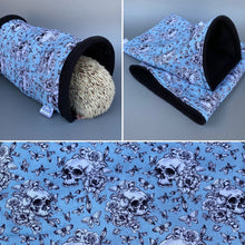 Load image into Gallery viewer, Vintage Floral Skulls mini set. Tunnel, snuggle sack and toys. Fleece bedding.