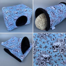 Load image into Gallery viewer, Vintage Floral Skulls full cage set. LARGE house, snuggle sack, tunnel cage set.