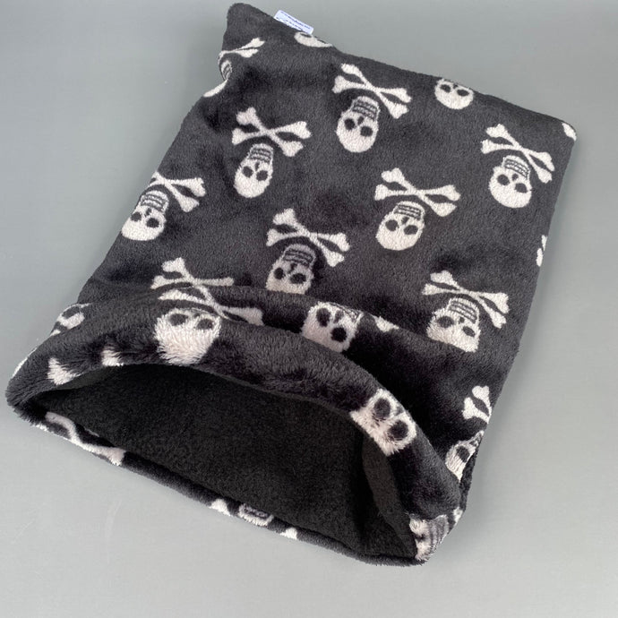 Skull and bones cuddle fleece snuggle sack, snuggle pouch, sleeping bag for hedgehogs and small pets.