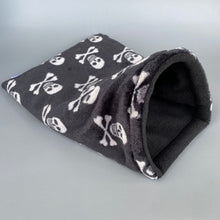 Load image into Gallery viewer, Skull and bones cuddle fleece snuggle sack, snuggle pouch, sleeping bag for hedgehogs and small pets.