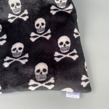 Load image into Gallery viewer, Skull and bones cuddle fleece snuggle sack, snuggle pouch, sleeping bag for hedgehogs and small pets.