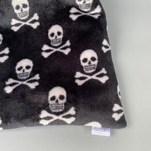 Skull and bones cuddle fleece snuggle sack, snuggle pouch, sleeping bag for hedgehogs and small pets.