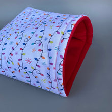 Load image into Gallery viewer, LARGE festive lights guinea pig cosy snuggle cave. Padded stay open snuggle sack.