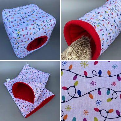 Festive lights full cage set. Cube house, snuggle sack, tunnel cage set for small pets.