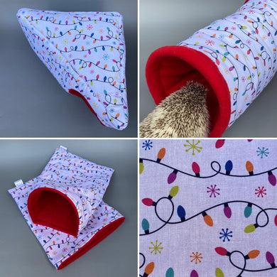 Festive lights full cage set. Corner house, snuggle sack, tunnel cage set for hedgehogs