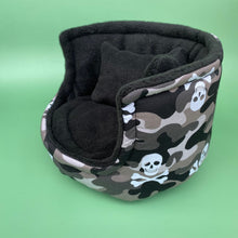 Load image into Gallery viewer, Camo skulls cuddle cup. Pet sofa. Hedgehog and small guinea pig bed. Small pet beds.