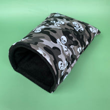 Load image into Gallery viewer, Camo skulls cosy snuggle cave. Padded stay open snuggle sack. Hedgehog bed.