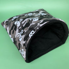 Load image into Gallery viewer, LARGE camo skulls guinea pig cosy snuggle cave. Padded stay open snuggle sack.