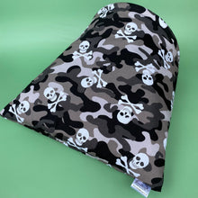 Load image into Gallery viewer, LARGE camo skulls guinea pig cosy snuggle cave. Padded stay open snuggle sack.