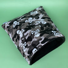 Load image into Gallery viewer, LARGE camo skulls guinea pig cosy snuggle cave. Padded stay open snuggle sack.