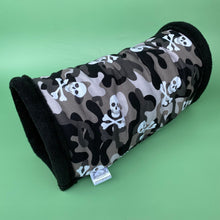 Load image into Gallery viewer, Camo skulls stay open tunnel. Padded fleece tunnel. Tube. Padded small pet tunnel.