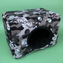 Load image into Gallery viewer, LARGE Camo and skulls full cage set. Large cosy house, snuggle sack, tunnel set.