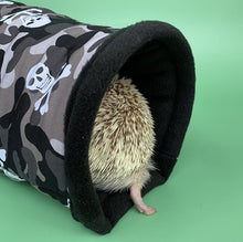 Load image into Gallery viewer, Camo skulls stay open tunnel. Padded fleece tunnel. Tube. Padded small pet tunnel.